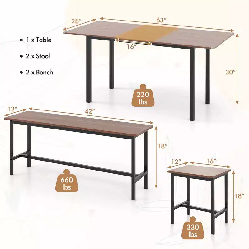 Costway 5 PCS Dining Table Set for 4-6 w/ 2 Benches & 2 Stools Metal Frame Dining Room Walnut