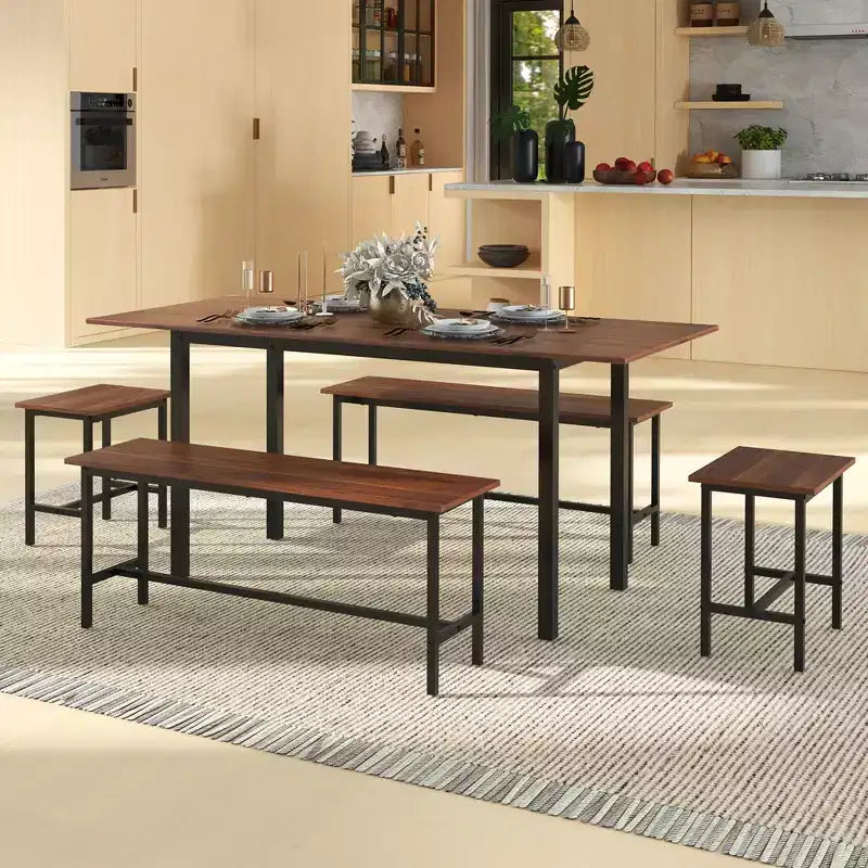 Costway 5 PCS Dining Table Set for 4-6 w/ 2 Benches & 2 Stools Metal Frame Dining Room Walnut