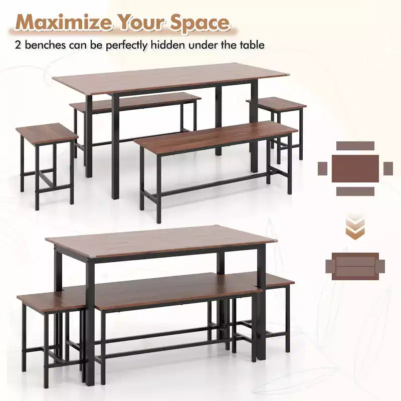 Costway 5 PCS Dining Table Set for 4-6 w/ 2 Benches & 2 Stools Metal Frame Dining Room Walnut
