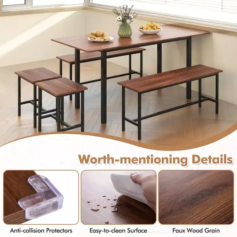 Costway 5 PCS Dining Table Set for 4-6 w/ 2 Benches & 2 Stools Metal Frame Dining Room Walnut
