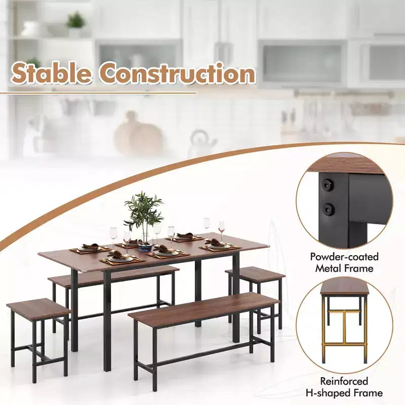 Costway 5 PCS Dining Table Set for 4-6 w/ 2 Benches & 2 Stools Metal Frame Dining Room Walnut