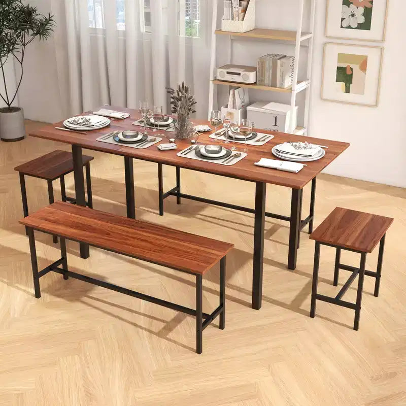 Costway 5 PCS Dining Table Set for 4-6 w/ 2 Benches & 2 Stools Metal Frame Dining Room Walnut