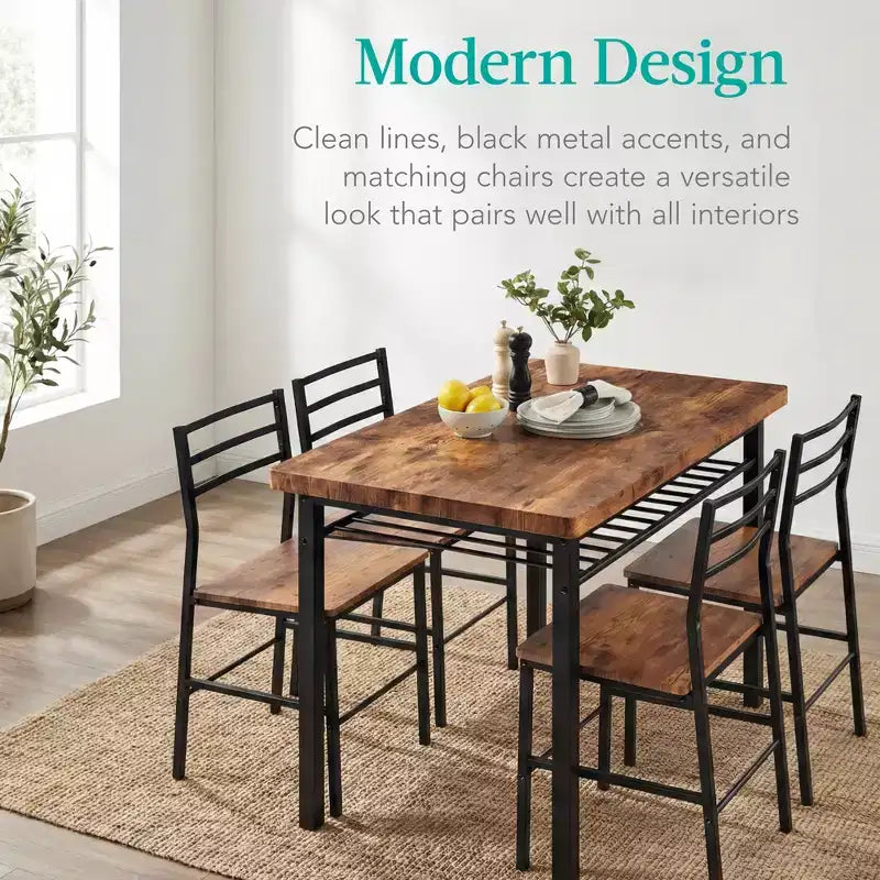Best Choice Products 5-Piece Modern Dining Set, Kitchen Table W/ 4 Matching Chairs & Storage Rack - Medium Brown/Black