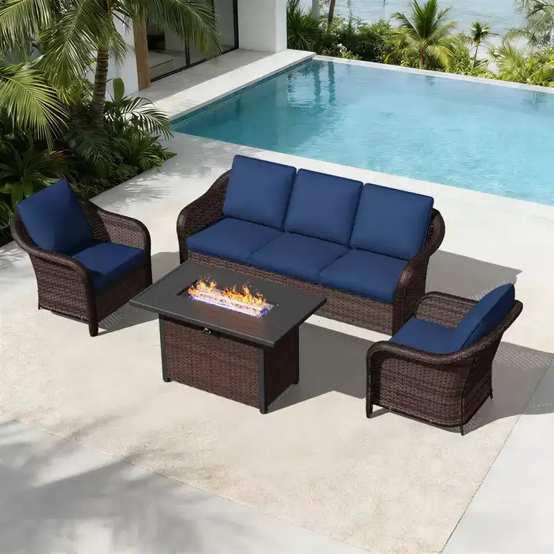 UPTIOT All-Weather Outdoor Lounge Set with Fire Pit - 1 Sofa, 2 Chairs & Fire Table
