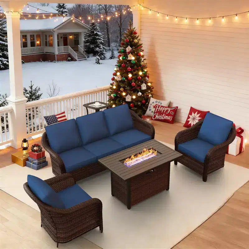 UPTIOT All-Weather Outdoor Lounge Set with Fire Pit - 1 Sofa, 2 Chairs & Fire Table