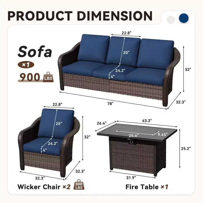 UPTIOT All-Weather Outdoor Lounge Set with Fire Pit - 1 Sofa, 2 Chairs & Fire Table