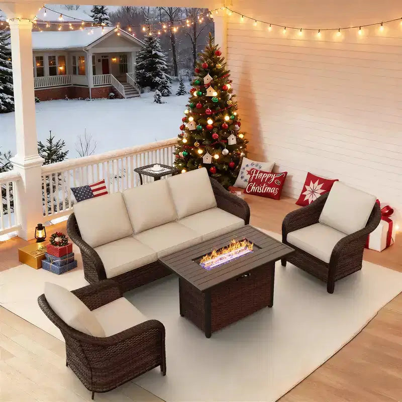 UPTIOT All-Weather Outdoor Lounge Set with Fire Pit - 1 Sofa, 2 Chairs & Fire Table