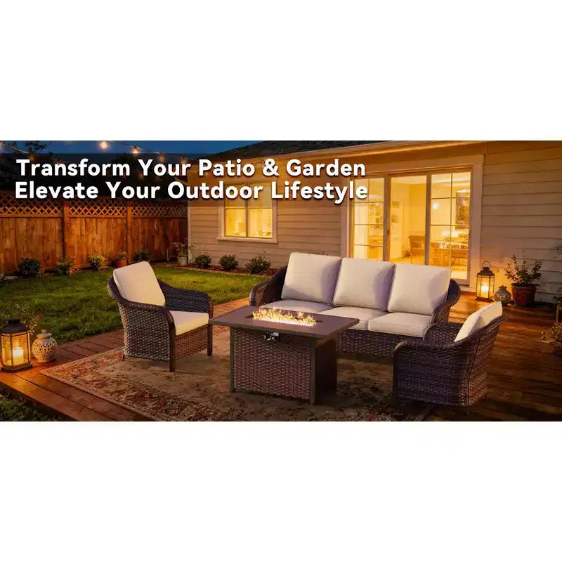 UPTIOT All-Weather Outdoor Lounge Set with Fire Pit - 1 Sofa, 2 Chairs & Fire Table