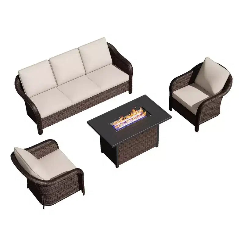 UPTIOT All-Weather Outdoor Lounge Set with Fire Pit - 1 Sofa, 2 Chairs & Fire Table