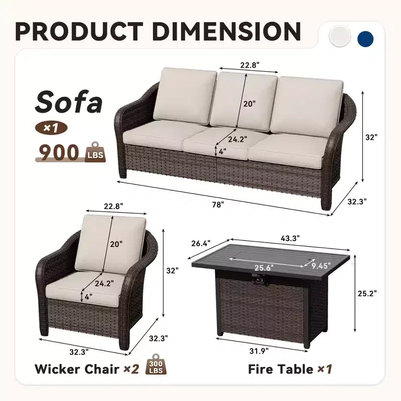 UPTIOT All-Weather Outdoor Lounge Set with Fire Pit - 1 Sofa, 2 Chairs & Fire Table