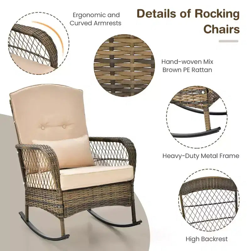 Outdoor Wicker Rocking Chair & Coffee Table Set of 3 - Comfortable Rocking Chair, Durable Outdoor Furniture for Backyard, Lawn, and Patio Sofa Sets