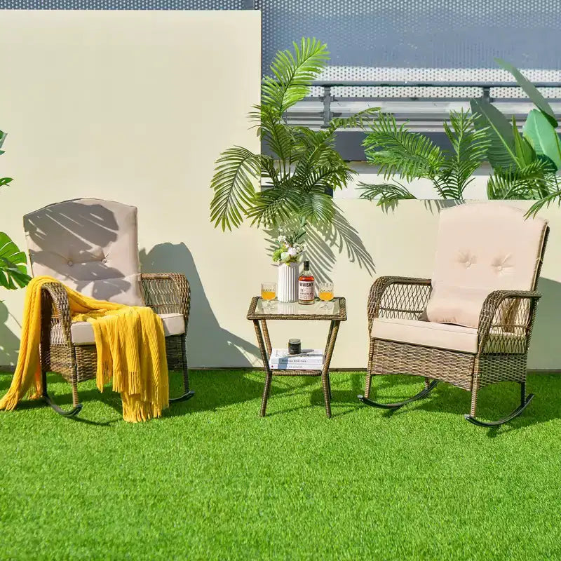 Outdoor Wicker Rocking Chair & Coffee Table Set of 3 - Comfortable Rocking Chair, Durable Outdoor Furniture for Backyard, Lawn, and Patio Sofa Sets