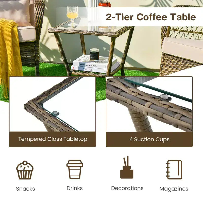 Outdoor Wicker Rocking Chair & Coffee Table Set of 3 - Comfortable Rocking Chair, Durable Outdoor Furniture for Backyard, Lawn, and Patio Sofa Sets