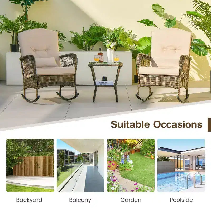 Outdoor Wicker Rocking Chair & Coffee Table Set of 3 - Comfortable Rocking Chair, Durable Outdoor Furniture for Backyard, Lawn, and Patio Sofa Sets