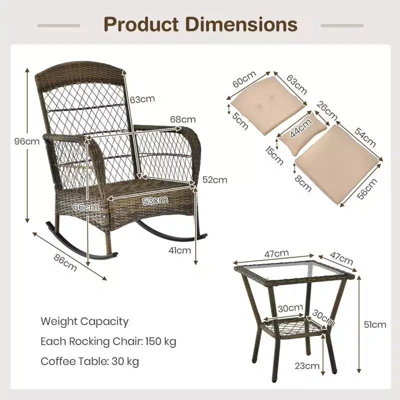 Outdoor Wicker Rocking Chair & Coffee Table Set of 3 - Comfortable Rocking Chair, Durable Outdoor Furniture for Backyard, Lawn, and Patio Sofa Sets