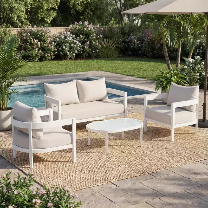 Christopher Knight Home Adriel 4 Piece Modern Outdoor Aluminum Conversation Set with Glass Coffee Table