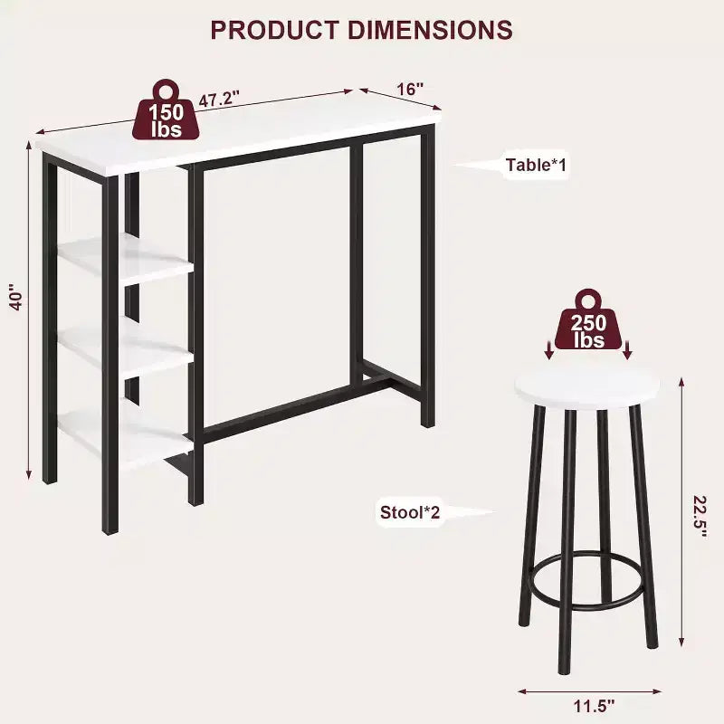 3-Piece Bar Table & Chairs Set with 2 Stools & 3-Tier Storage Shelves, Space-Saving Kitchen Counter Table for Home/Kitchen
