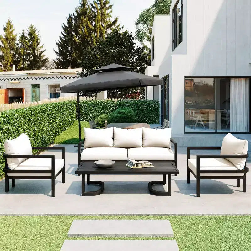 4-Piece Outdoor Steel Sofa Set with Coffee Table, Waterproof Cushions, Rust-Resistant Patio Seating for Backyard, Garden & Lawn-Panipeachy