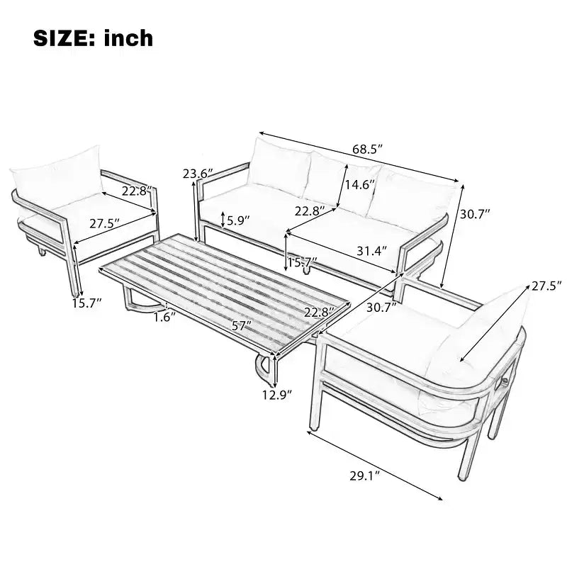 4-Piece Outdoor Steel Sofa Set with Coffee Table, Waterproof Cushions, Rust-Resistant Patio Seating for Backyard, Garden & Lawn-Panipeachy