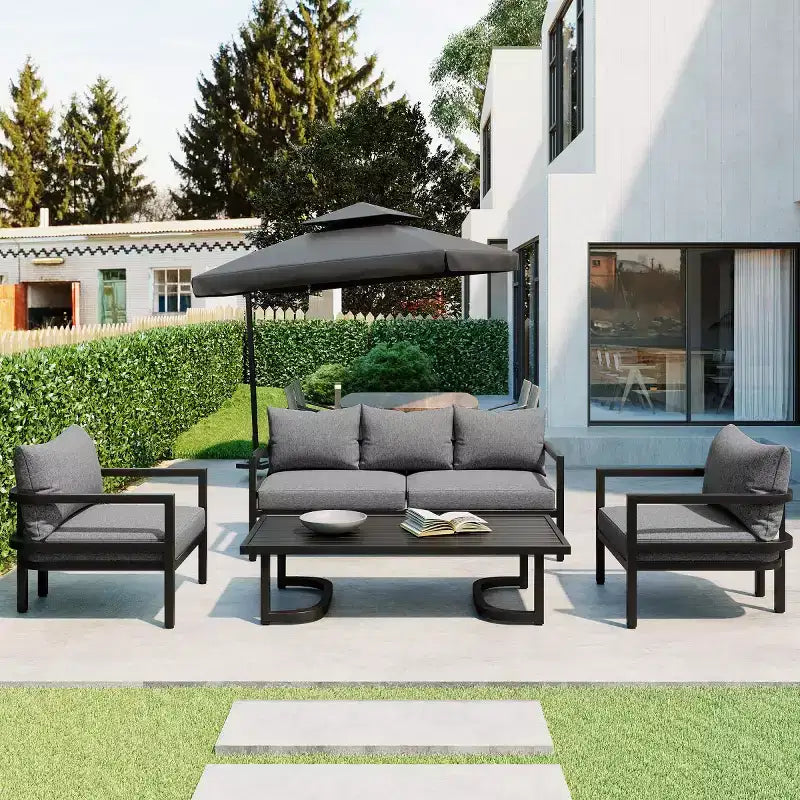 4-Piece Outdoor Steel Sofa Set with Coffee Table, Waterproof Cushions, Rust-Resistant Patio Seating for Backyard, Garden & Lawn-Panipeachy