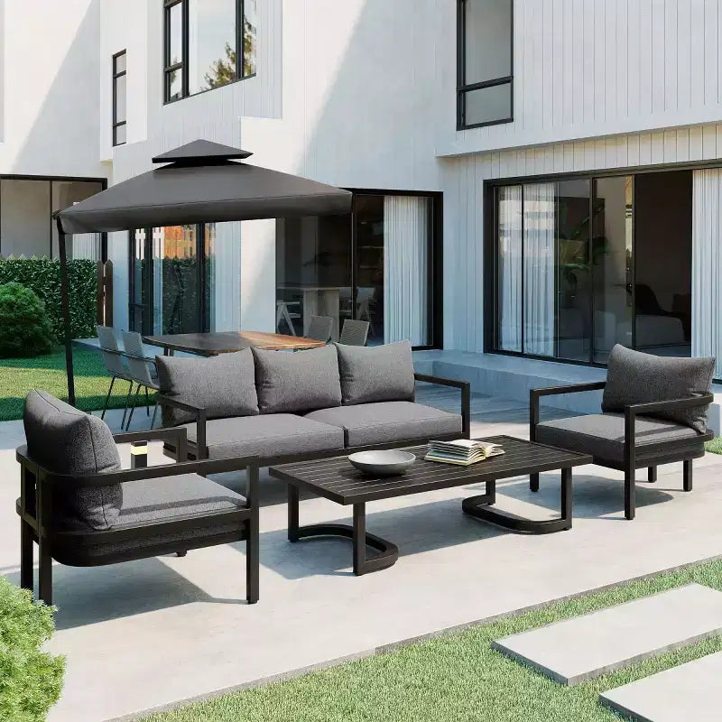 4-Piece Outdoor Steel Sofa Set with Coffee Table, Waterproof Cushions, Rust-Resistant Patio Seating for Backyard, Garden & Lawn-Panipeachy