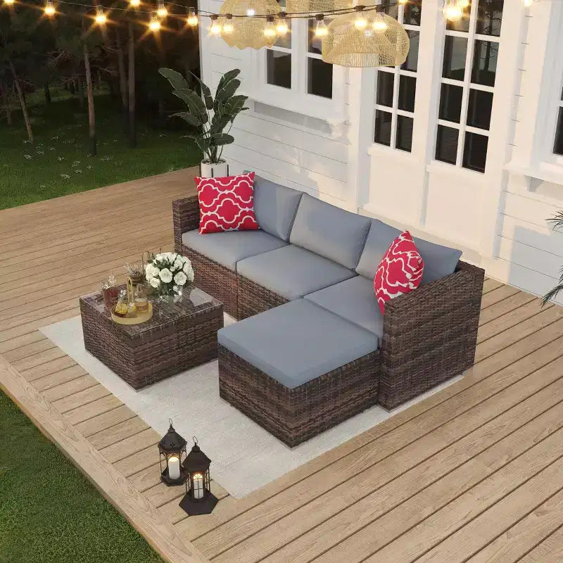 5-Piece Patio Furniture Set, All-Weather Patio Set - PE Wicker Sectional with Tempered Glass Table, Modular Outdoor Furniture for Pool Decks, Brown
