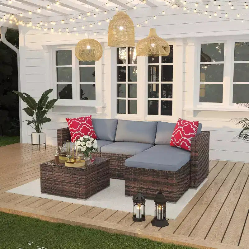 5-Piece Patio Furniture Set, All-Weather Patio Set - PE Wicker Sectional with Tempered Glass Table, Modular Outdoor Furniture for Pool Decks, Brown