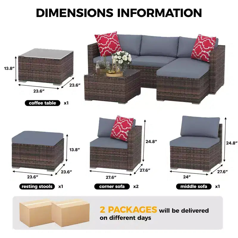 5-Piece Patio Furniture Set, All-Weather Patio Set - PE Wicker Sectional with Tempered Glass Table, Modular Outdoor Furniture for Pool Decks, Brown