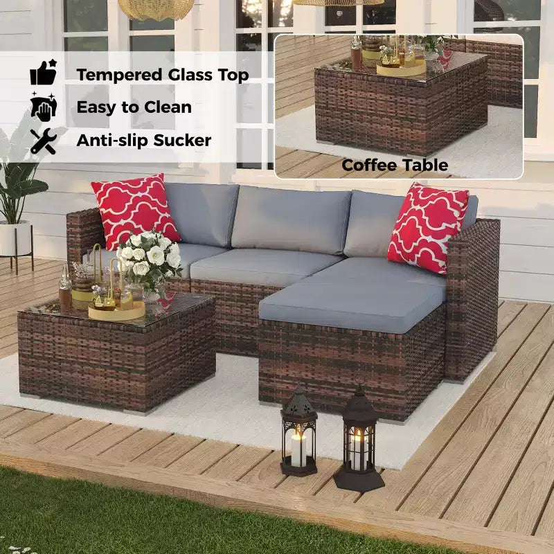 5-Piece Patio Furniture Set, All-Weather Patio Set - PE Wicker Sectional with Tempered Glass Table, Modular Outdoor Furniture for Pool Decks, Brown