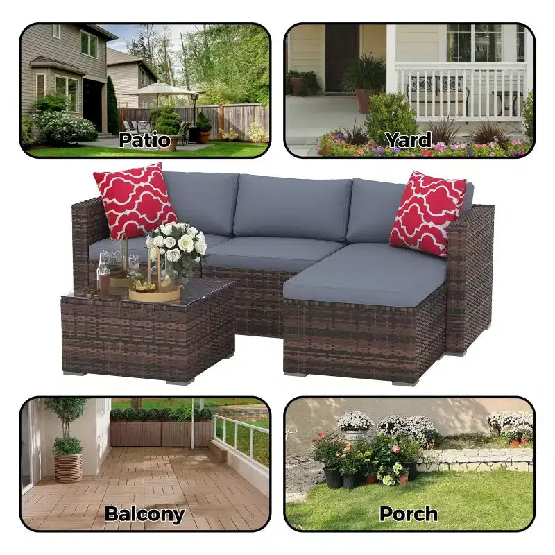5-Piece Patio Furniture Set, All-Weather Patio Set - PE Wicker Sectional with Tempered Glass Table, Modular Outdoor Furniture for Pool Decks, Brown