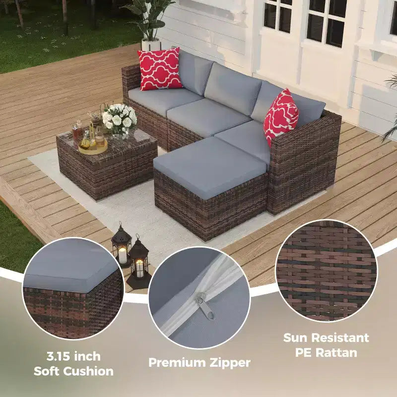 5-Piece Patio Furniture Set, All-Weather Patio Set - PE Wicker Sectional with Tempered Glass Table, Modular Outdoor Furniture for Pool Decks, Brown