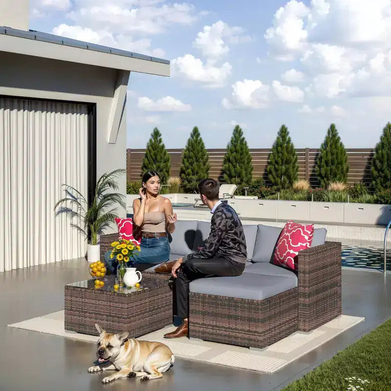 5-Piece Patio Furniture Set, All-Weather Patio Set - PE Wicker Sectional with Tempered Glass Table, Modular Outdoor Furniture for Pool Decks, Brown