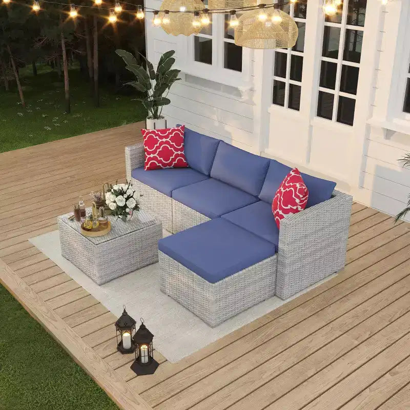 5-Piece Patio Furniture Set, All-Weather Patio Set - PE Wicker Sectional with Tempered Glass Table, Modular Outdoor Furniture for Pool Decks, Brown