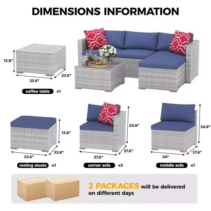 5-Piece Patio Furniture Set, All-Weather Patio Set - PE Wicker Sectional with Tempered Glass Table, Modular Outdoor Furniture for Pool Decks, Brown