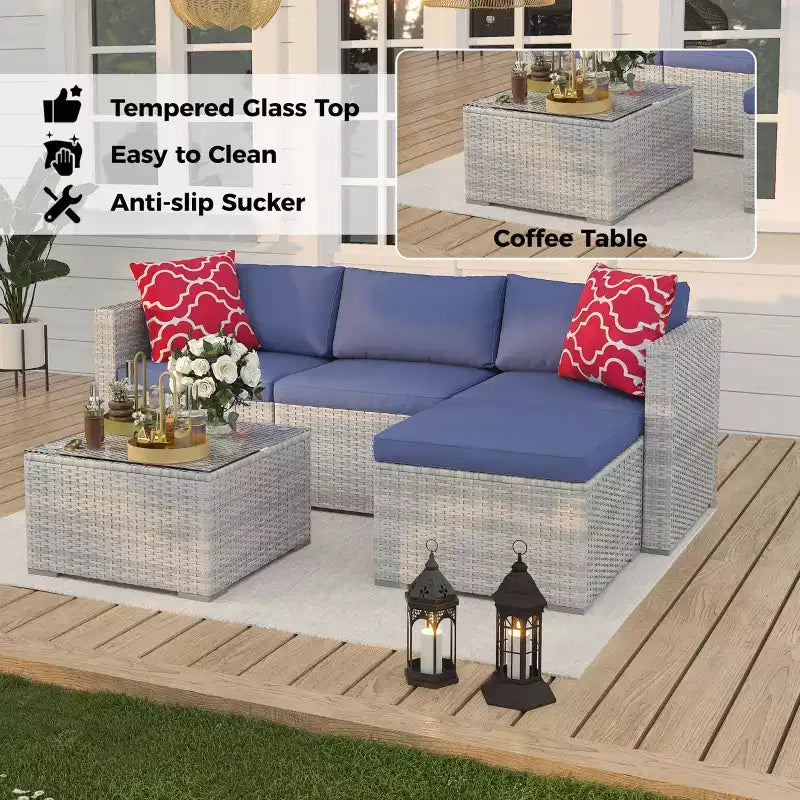 5-Piece Patio Furniture Set, All-Weather Patio Set - PE Wicker Sectional with Tempered Glass Table, Modular Outdoor Furniture for Pool Decks, Brown