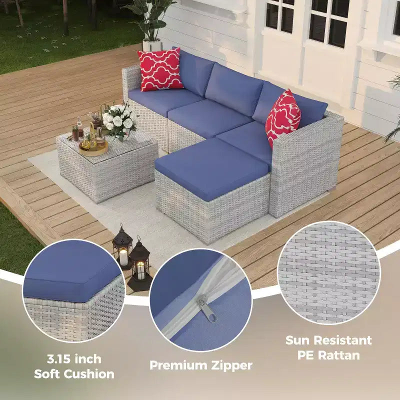 5-Piece Patio Furniture Set, All-Weather Patio Set - PE Wicker Sectional with Tempered Glass Table, Modular Outdoor Furniture for Pool Decks, Brown