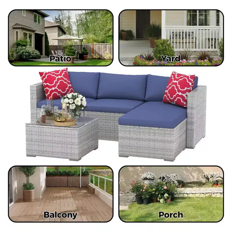 5-Piece Patio Furniture Set, All-Weather Patio Set - PE Wicker Sectional with Tempered Glass Table, Modular Outdoor Furniture for Pool Decks, Brown