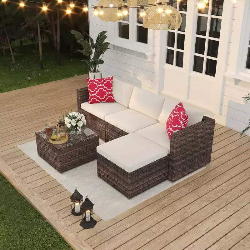 5-Piece Patio Furniture Set, All-Weather Patio Set - PE Wicker Sectional with Tempered Glass Table, Modular Outdoor Furniture for Pool Decks, Brown