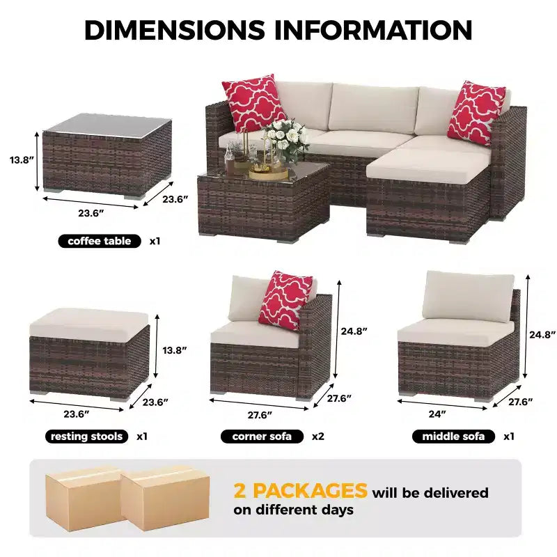 5-Piece Patio Furniture Set, All-Weather Patio Set - PE Wicker Sectional with Tempered Glass Table, Modular Outdoor Furniture for Pool Decks, Brown