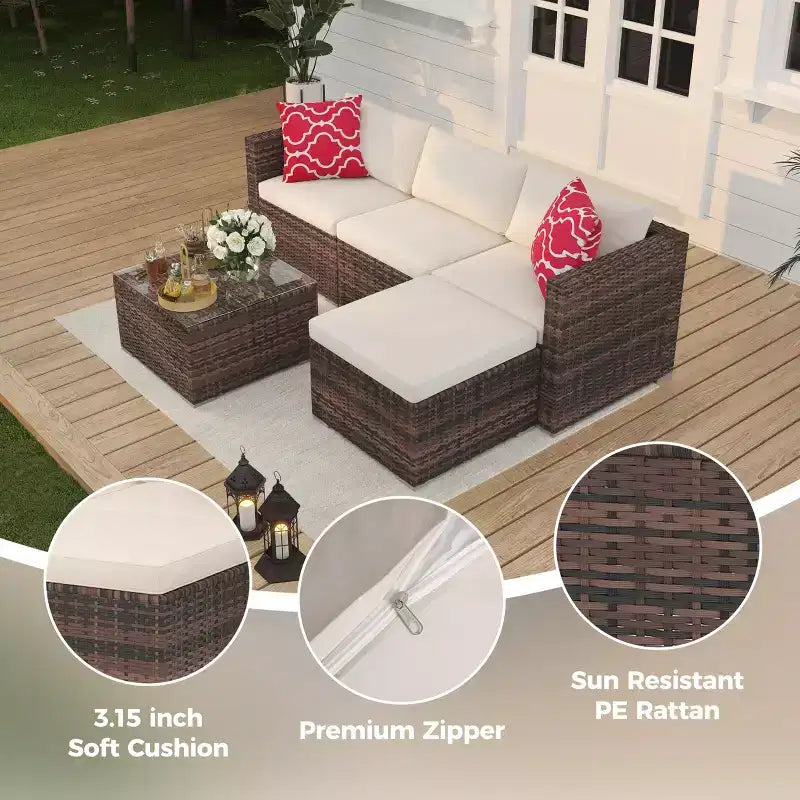 5-Piece Patio Furniture Set, All-Weather Patio Set - PE Wicker Sectional with Tempered Glass Table, Modular Outdoor Furniture for Pool Decks, Brown
