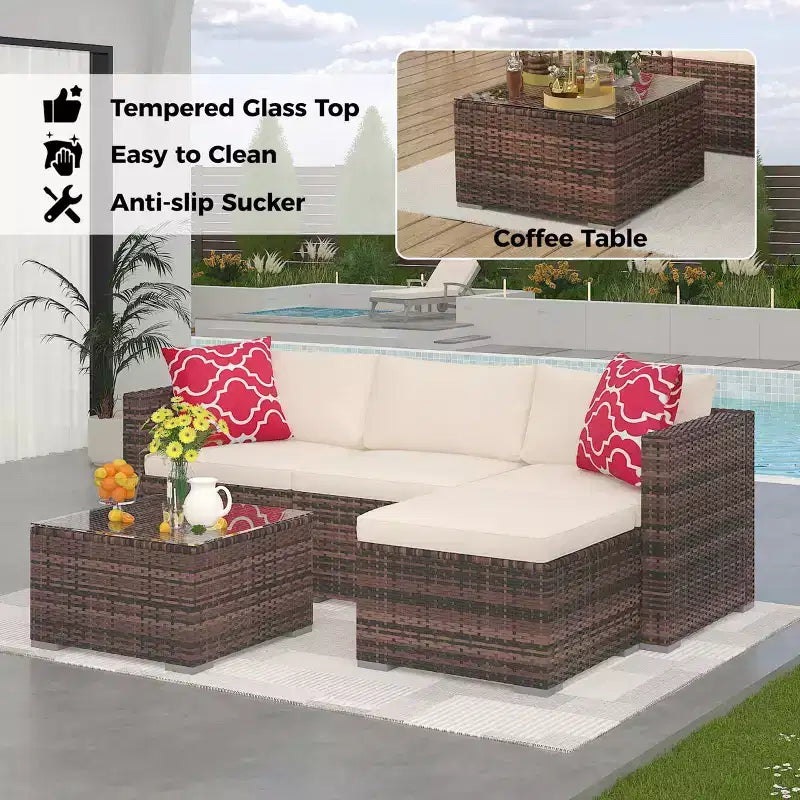 5-Piece Patio Furniture Set, All-Weather Patio Set - PE Wicker Sectional with Tempered Glass Table, Modular Outdoor Furniture for Pool Decks, Brown