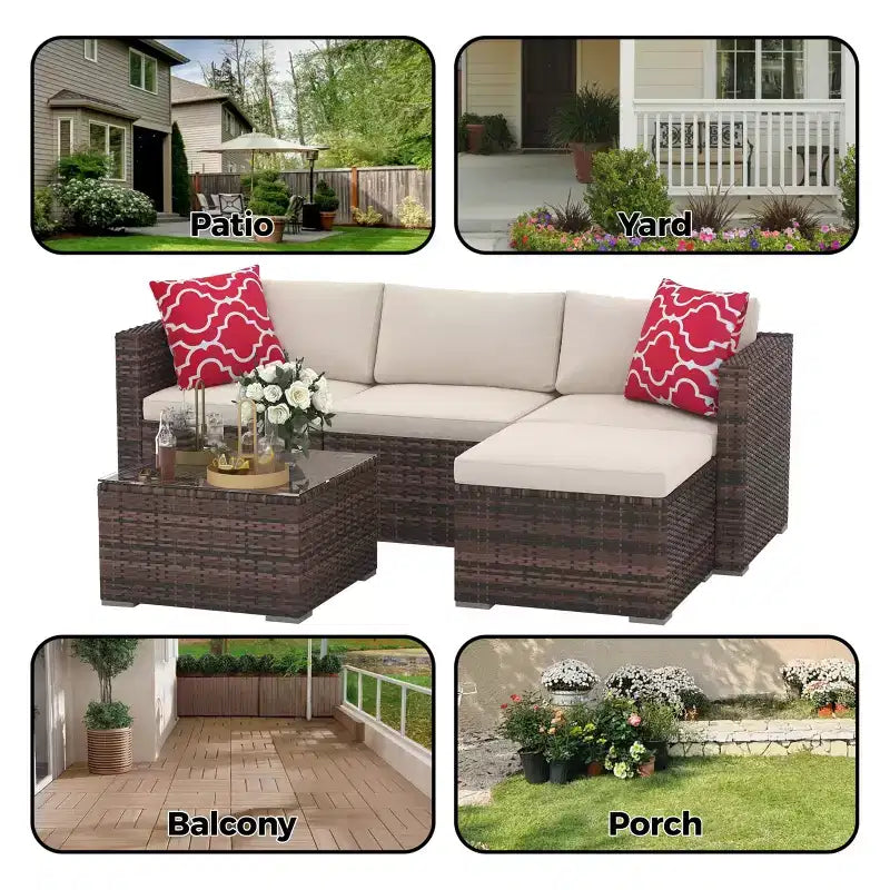 5-Piece Patio Furniture Set, All-Weather Patio Set - PE Wicker Sectional with Tempered Glass Table, Modular Outdoor Furniture for Pool Decks, Brown