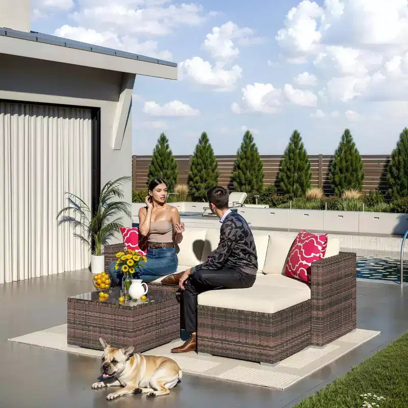 5-Piece Patio Furniture Set, All-Weather Patio Set - PE Wicker Sectional with Tempered Glass Table, Modular Outdoor Furniture for Pool Decks, Brown