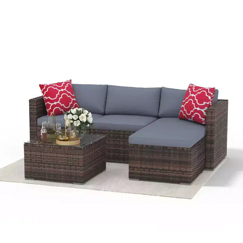 Ensemble de mobilier de patio 5 pièces, ensemble de patio toutes saisons - Sectionnel en rotin PE avec table en verre trempé, mobilier d'extérieur modulaire pour terrasses de piscine, marron
