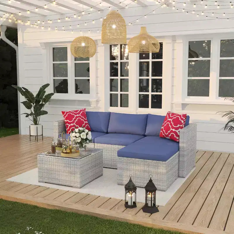 Ensemble de mobilier de patio 5 pièces, ensemble de patio toutes saisons - Sectionnel en rotin PE avec table en verre trempé, mobilier d'extérieur modulaire pour terrasses de piscine, marron