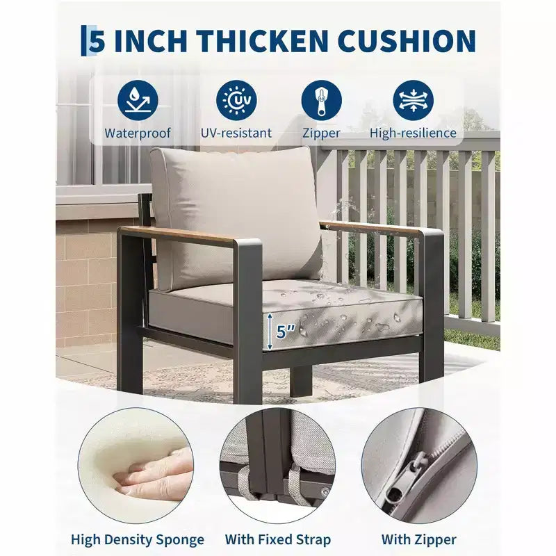 5-Piece Aluminum Patio Set Sectional Conversation Set w Thick Washable Cushions Coffee Table for Deck Patio - Beige