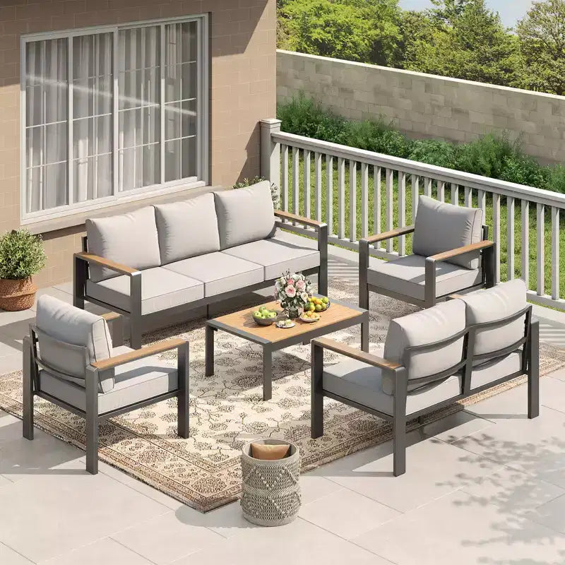 5-Piece Aluminum Patio Set Sectional Conversation Set w Thick Washable Cushions Coffee Table for Deck Patio - Beige