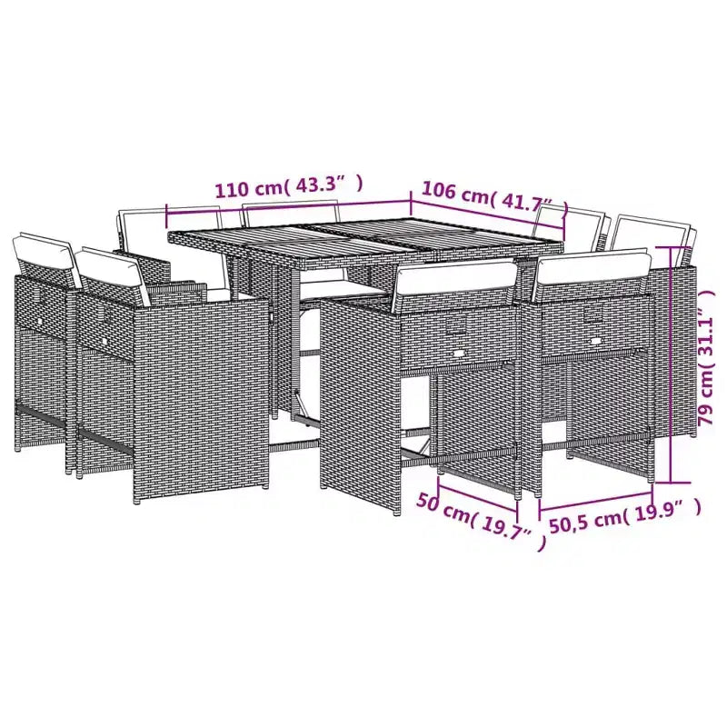 vidaXL Patio Dining Set Set of 8 Grey Poly rattan 8-seat Collapsible