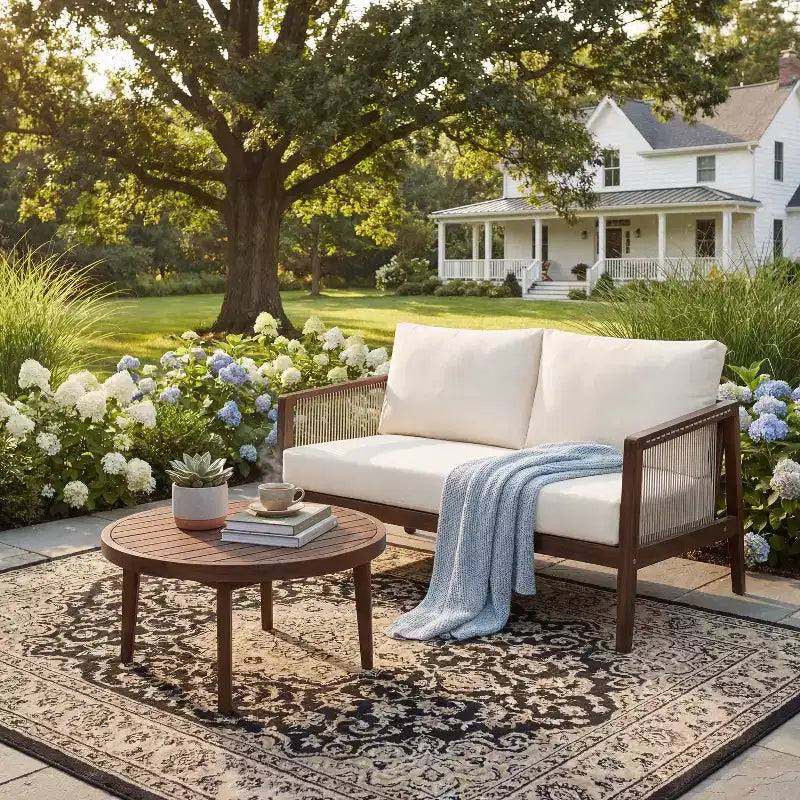 Christopher Knight Home Oliver Patio Modern Coastal 2-Piece Acacia Wood and Rope Loveseat and Coffee Table Set