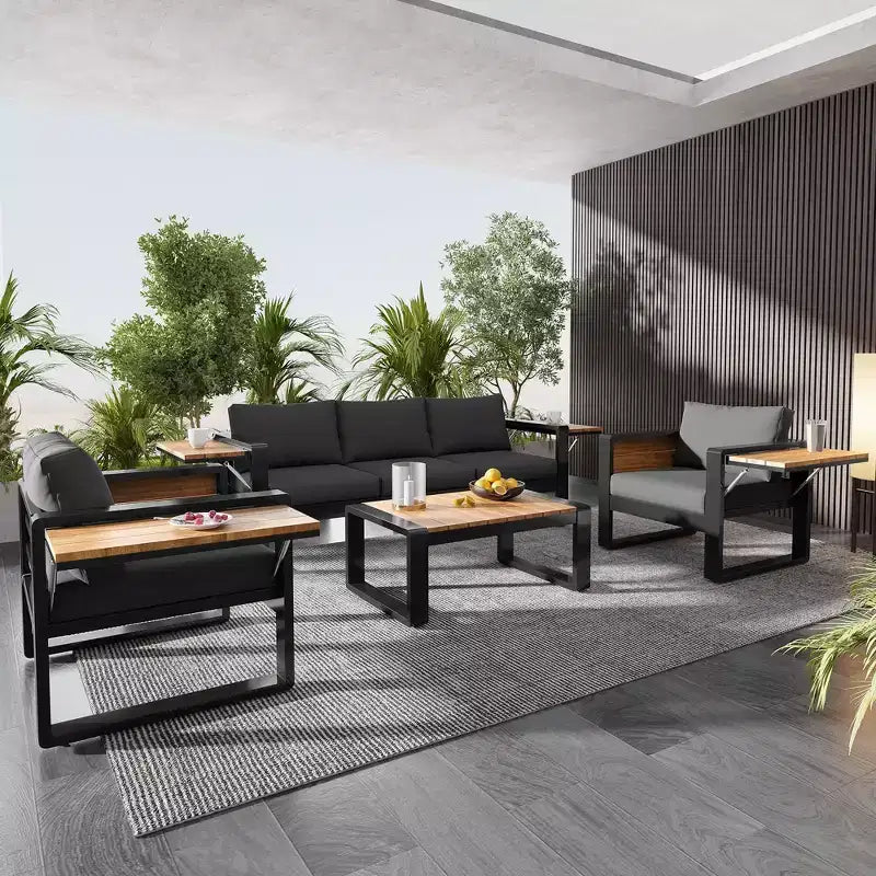 ModernLuxe 4pcs Outdoor Sofa Set Patio Conversation Set Garden Seating Set for 5 with Coffee Table, 3-Seat Sofa & 2 Armchairs with Fold-Out Side Table